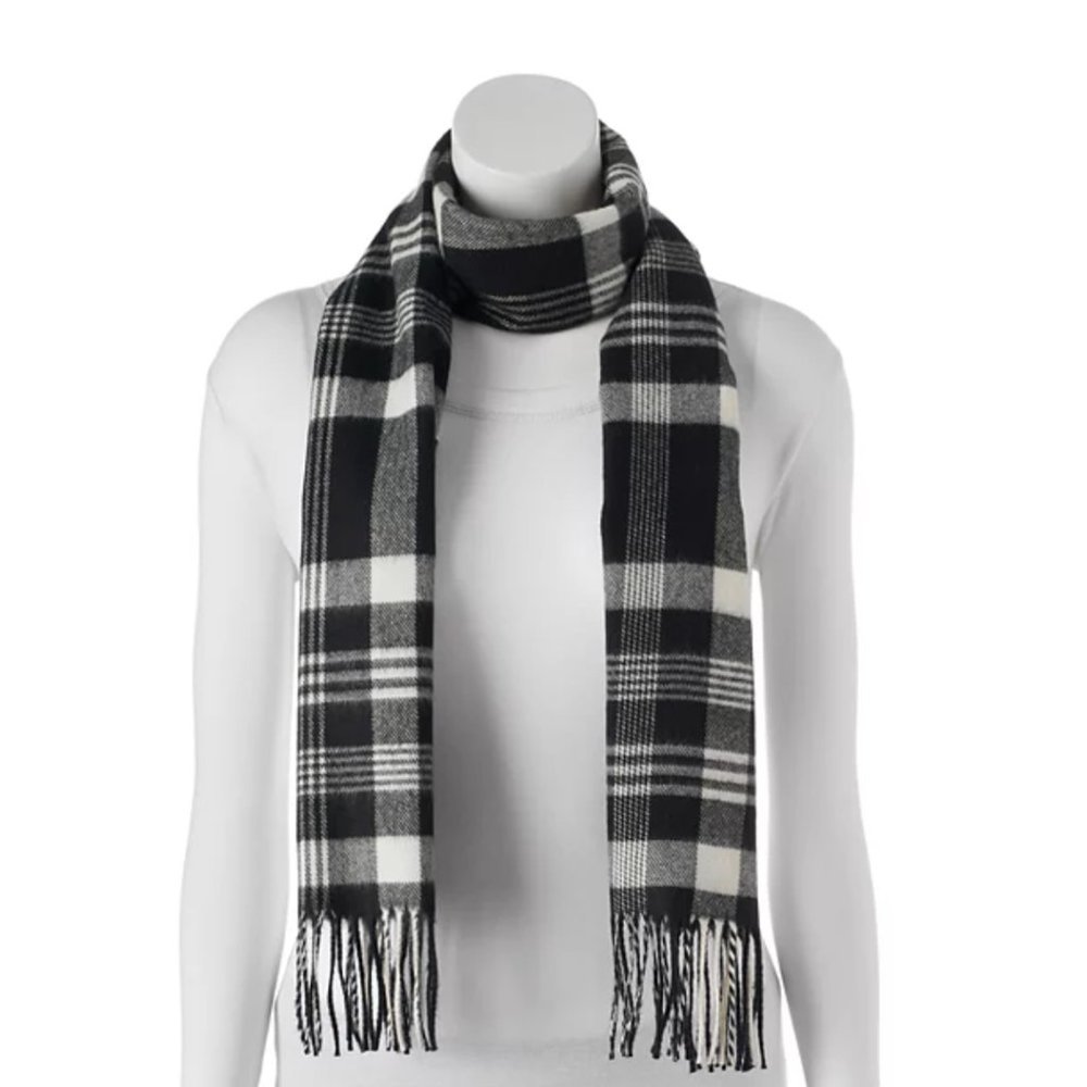 NWOT Softer Than Cashmere Scarf | Black and White Plaid/Tartan